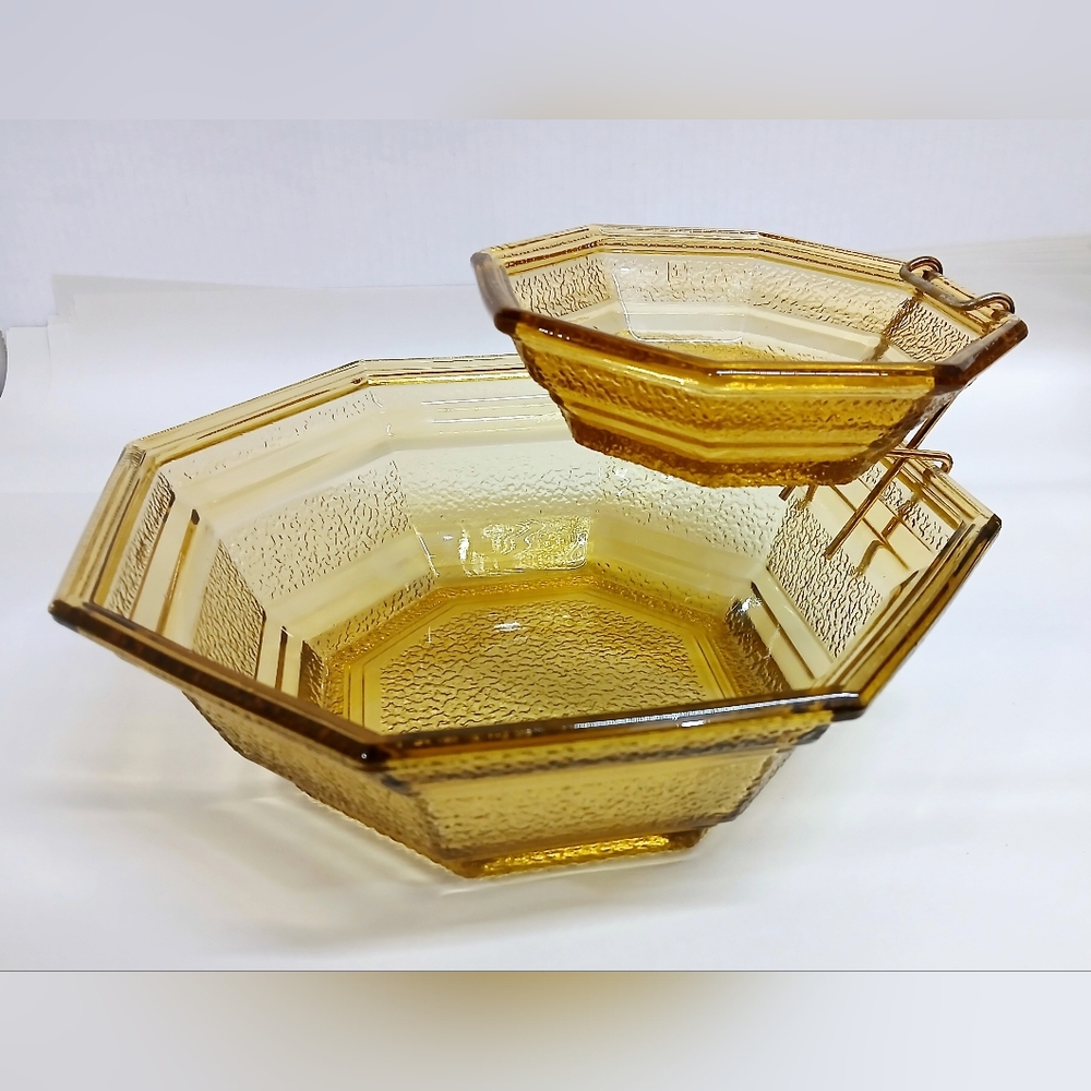 Vintage Amber Glass Serving Bowl Chip and Dip Set